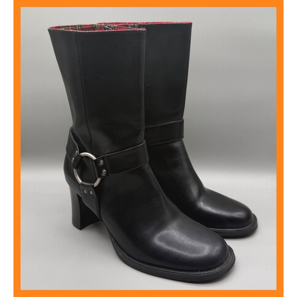 Vintage Tommy Hilfiger Leather Harness Boots Women's 7.5 M Y2K Moto Plaid